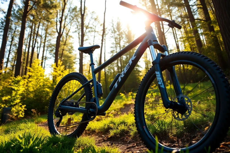 Trek mountain bike navigating a scenic forest trail, showcasing durability and adventure readiness for outdoor enthusiasts.