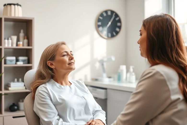 Consultation about Botox Behandlung in a modern clinic with a dermatologist and patient discussing treatment.