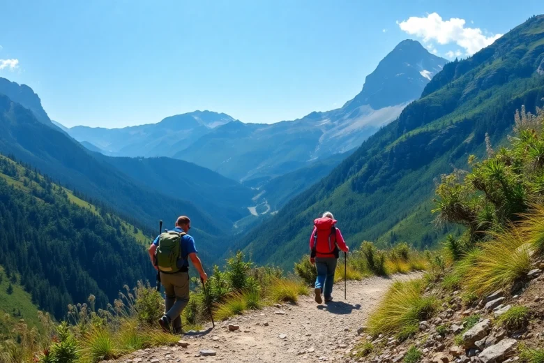 Guided hike through scenic mountain trails with expert guide and lush landscape for outdoor enthusiasts.