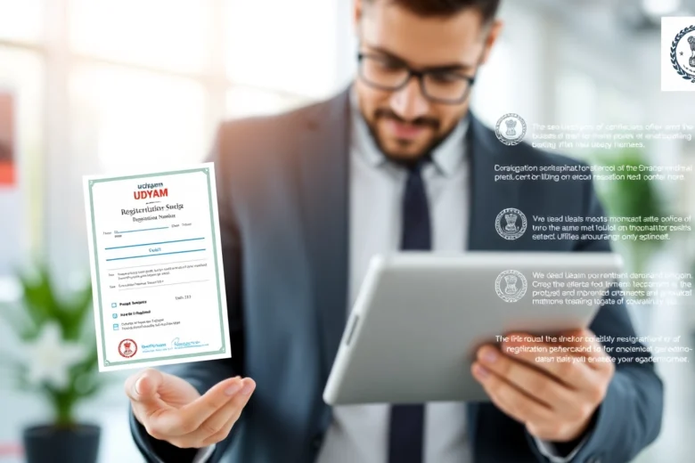 Udyam registration process illustration showing entrepreneurs submitting documents online for MSME certification, highlighting simplicity and digital access.