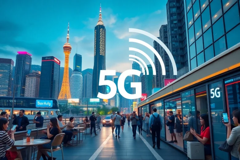 香港市區景觀與5G信號圖示，展現現代科技與都市生活的連接。