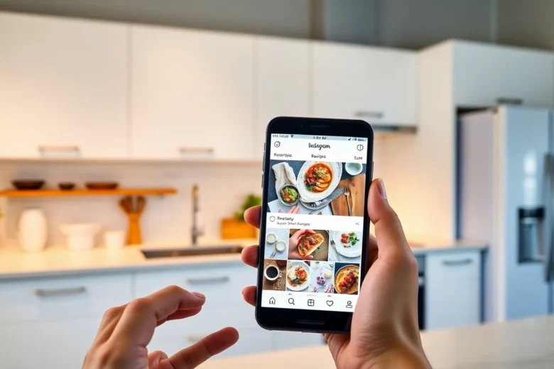 Save recipes from Instagram effortlessly with a user-friendly app action in a sleek kitchen setting
