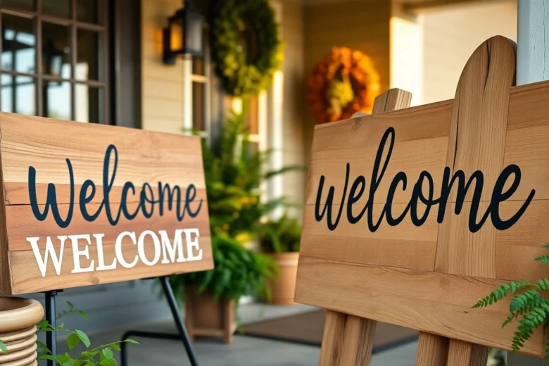 Beautiful handcrafted welcome signs in wood for front porches, enhancing outdoor charm and guest greeting experiences.