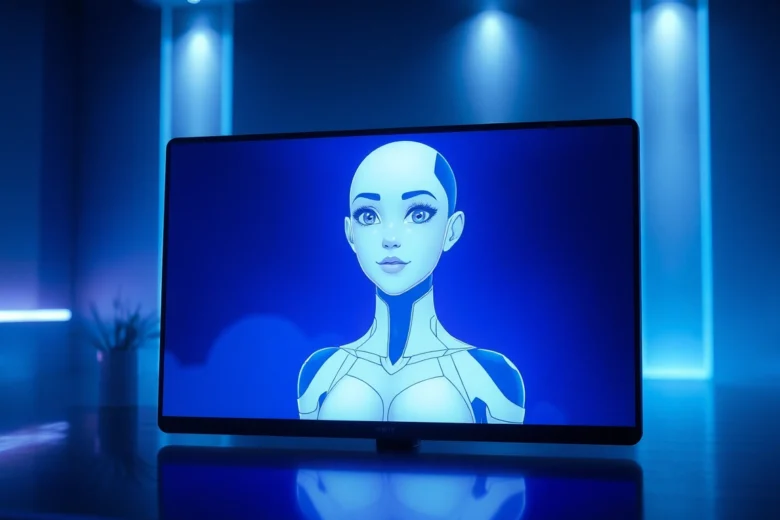 An illustration of a futuristic AI interface with an animated female avatar on a glowing screen in a dimly lit modern room.