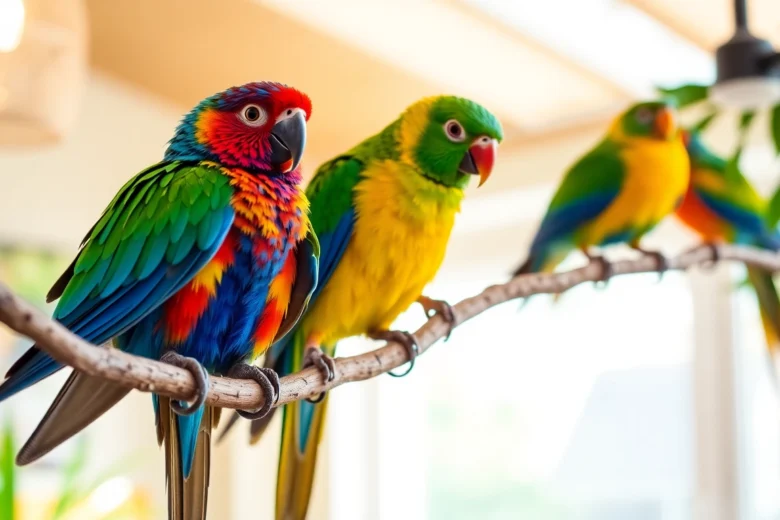 Engaging photo of friendly pet birds in a cozy home environment, showcasing their vibrant plumage and playful behavior for bird lovers and prospective owners.
