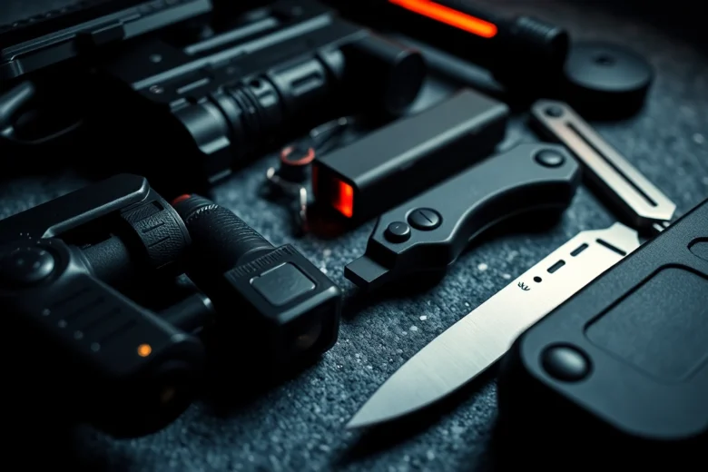 Self-defense weapons include stun guns, pepper sprays, tactical knives, and alarms, illustrating personal safety tools for protection.