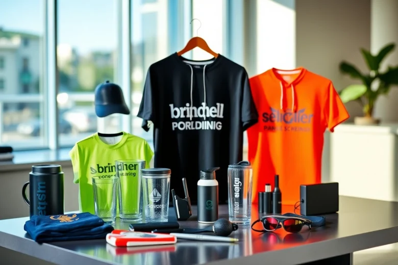 Promotional products in Louisville arranged creatively for branding and marketing success, highlighting diverse customizable items.