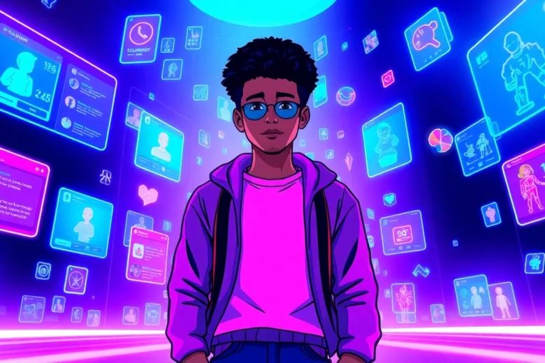 An animated virtual social scene with avatars and holographic interfaces in a futuristic digital environment.