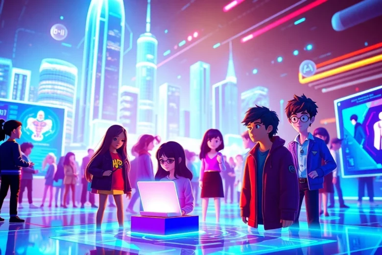 Futuristic social media AI environment with avatars and holographic screens in a neon-lit cityscape.