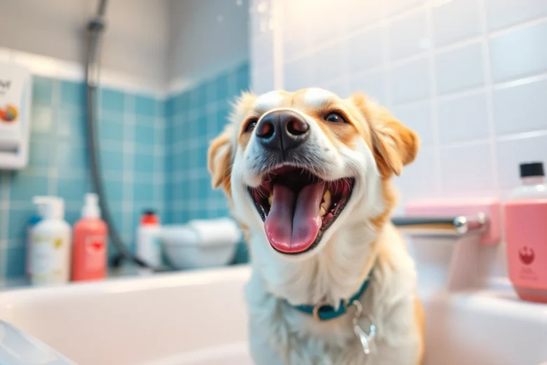 Wash your dog near me at this cheerful self-service pet wash station, featuring bright supplies and a happy pup.