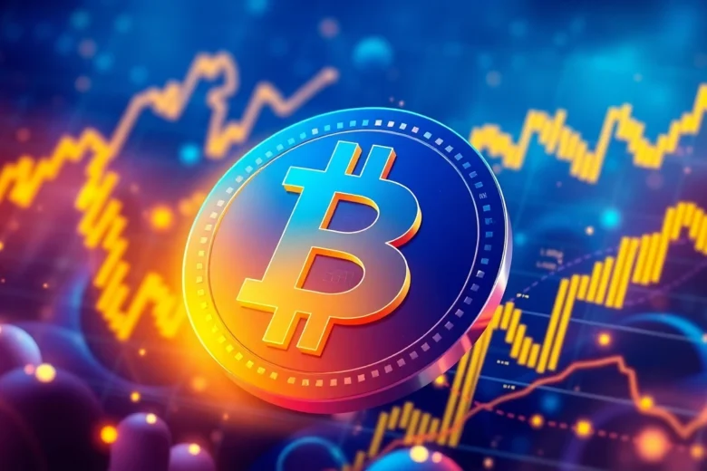 Bitcoin trading chart with a glowing bitcoin coin illustrating cryptocurrency market activity