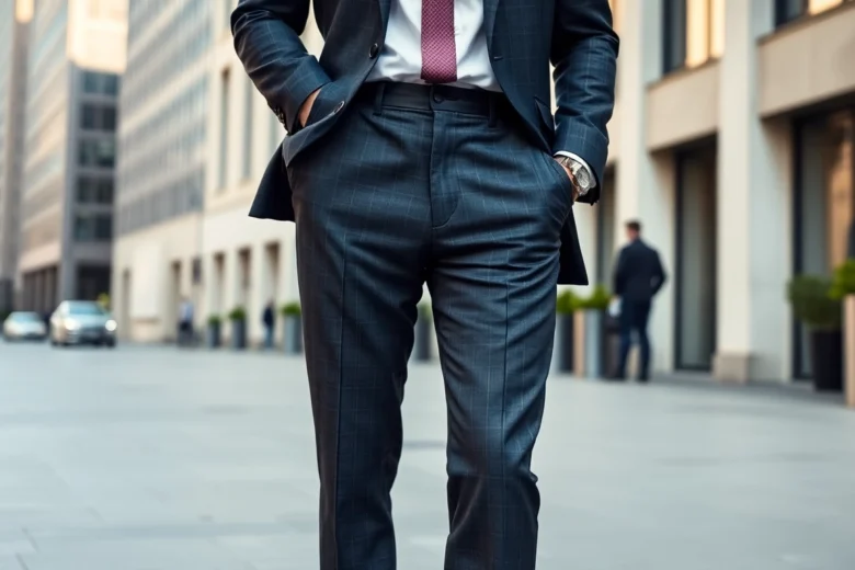 Men's trousers for men in a sleek urban environment, showcasing fashionable fit and quality fabric for everyday wear.
