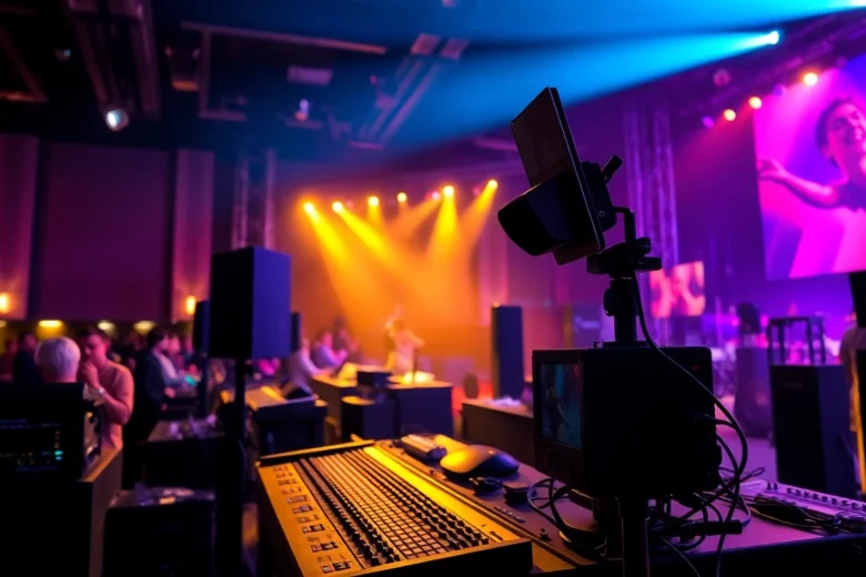 Eventtechnik Köln showcasing professional lighting, sound, and video setup at a vibrant Cologne event for memorable experiences