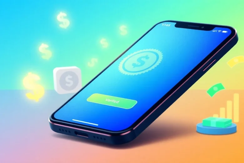Smartphone displaying a verified Cash App account interface with financial icons and vibrant colors.