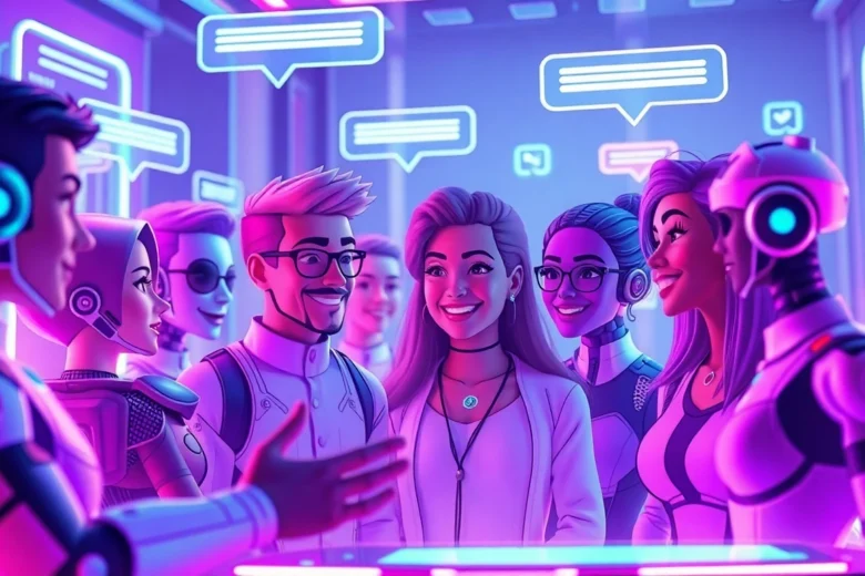 Illustration of AI characters in a neon-lit digital chat environment with vibrant colors and futuristic design.