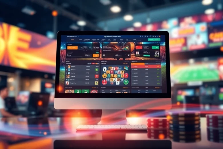 An illustration of an online sportsbook and casino platform with colorful betting options and live odds on a digital screen, glowing with excitement and energy.