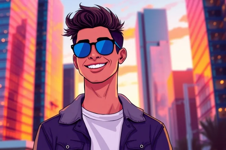 An illustration of a confident young man in streetwear with an urban cityscape background at sunset.