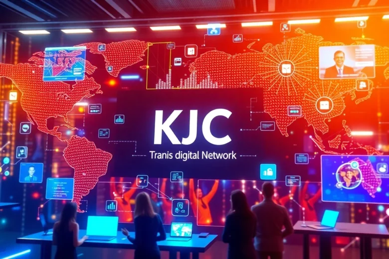 KJC logo integrated into a high-tech digital network, symbolizing global connectivity and innovation in digital entertainment.