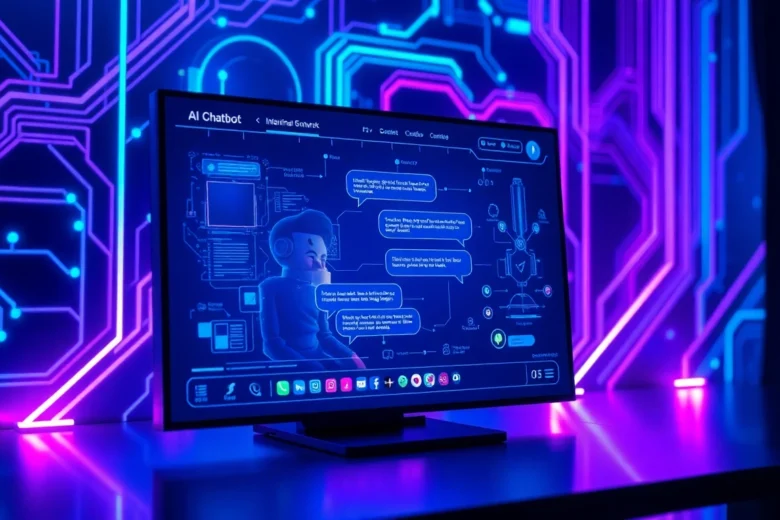 Futuristic AI chatbot interface with neon accents and digital data streams