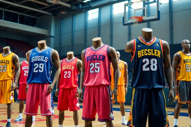 Basketball uniforms showcasing custom designs, vibrant colors, and team logos highlighted in a professional gym environment for marketing and website visuals.