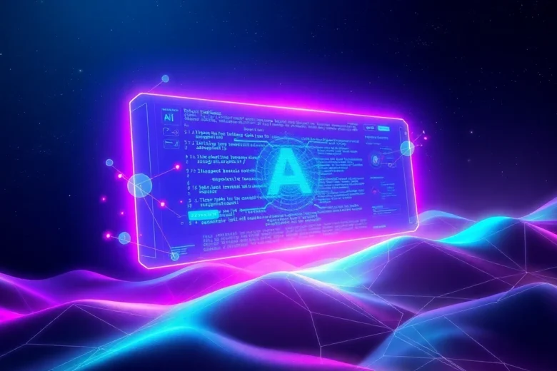 Futuristic AI interface with glowing holographic data and digital landscape