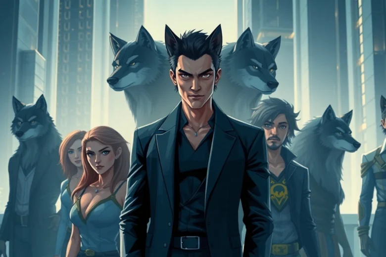 Futuristic society inspired by wolf pack hierarchy with diverse humans displaying alpha, beta, and omega roles