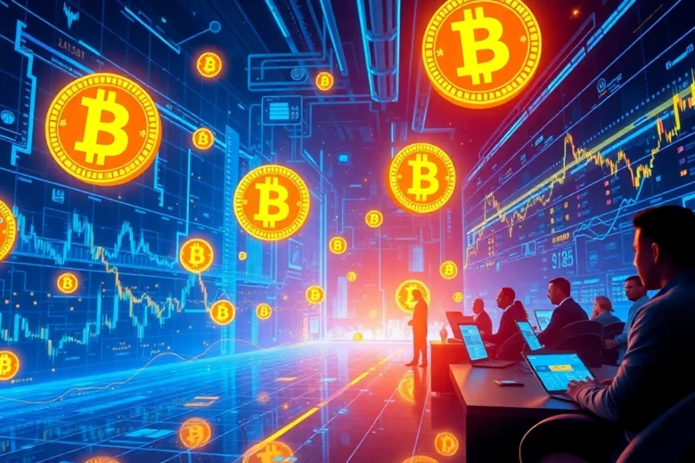 Bitcoin-focused financial analyst reviewing digital charts in a high-tech environment,