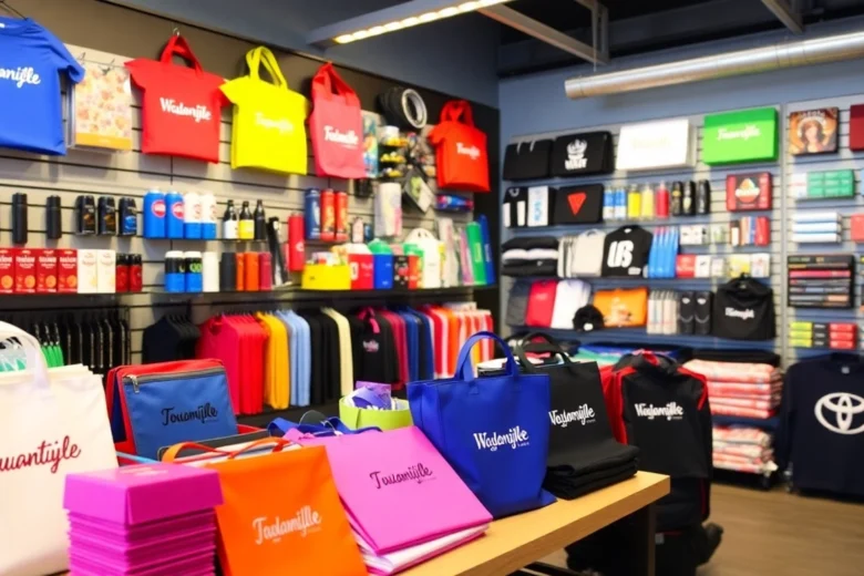 High-quality promotional products in Louisville displayed on a branded table for business