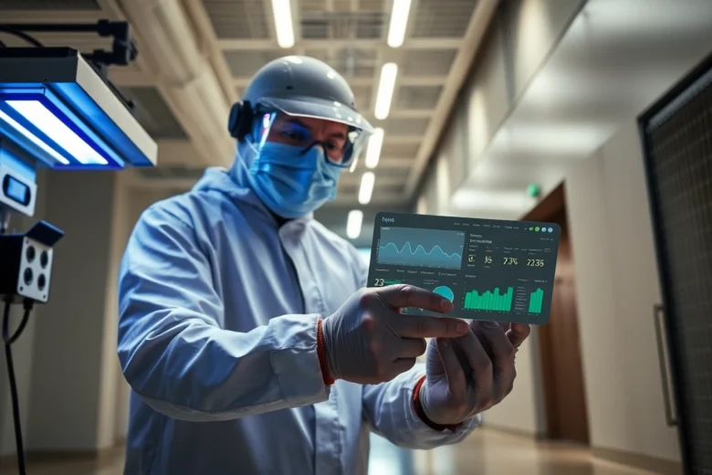Professionele ongediertebestrijder die apparatuur en digitale monitoring gebruikt in een bedrijfspand.