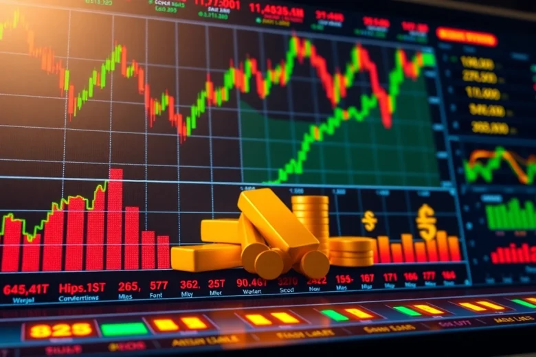 Trading Investment News highlights stock, gold, and currency trends with vibrant visuals and