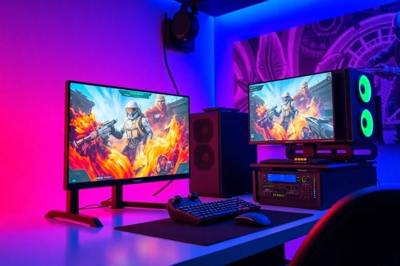 Engaging scene of a gamer conducting cs teste on a high-end computer with dual monitors,