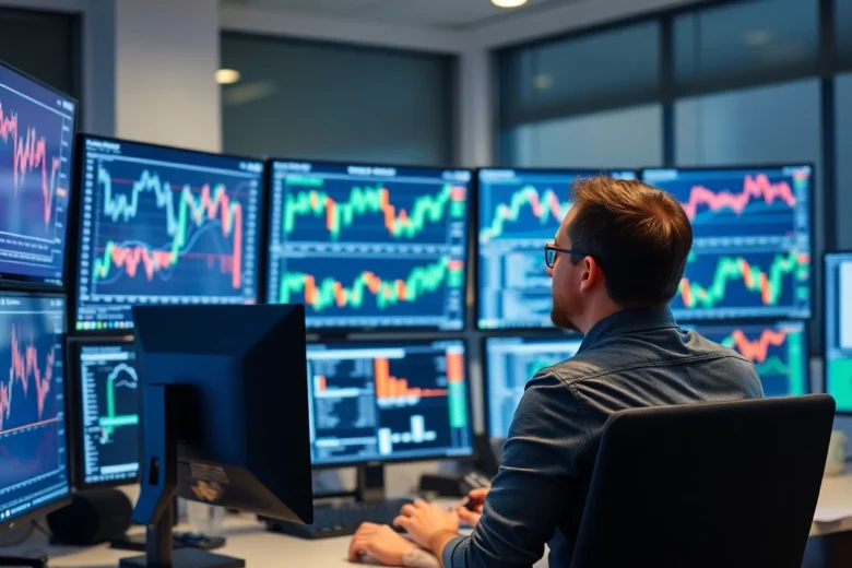 Trading Investment News updates showing stock charts and market analysis in a professional setting