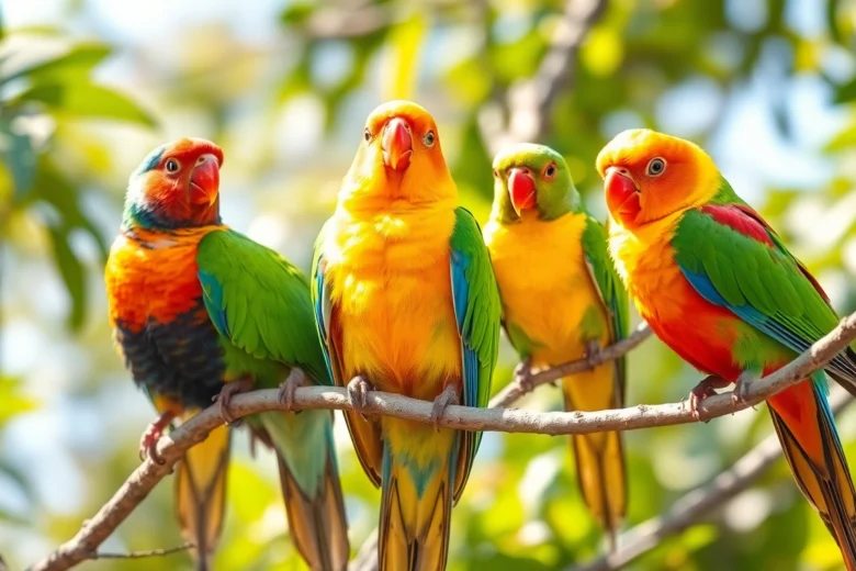 Brightly colored pet birds interacting on branches, showcasing their vibrant feathers and