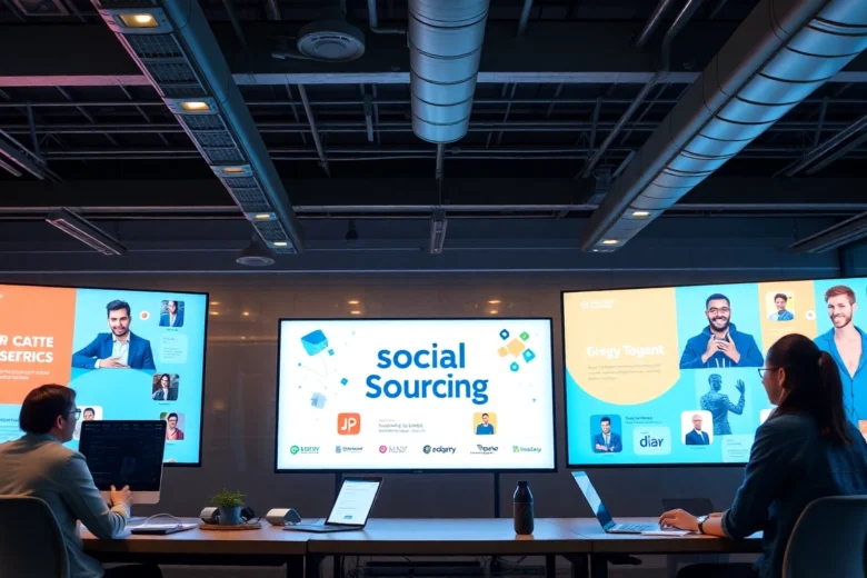 Professionals collaborating on social sourcing platforms to enhance recruitment strategies and