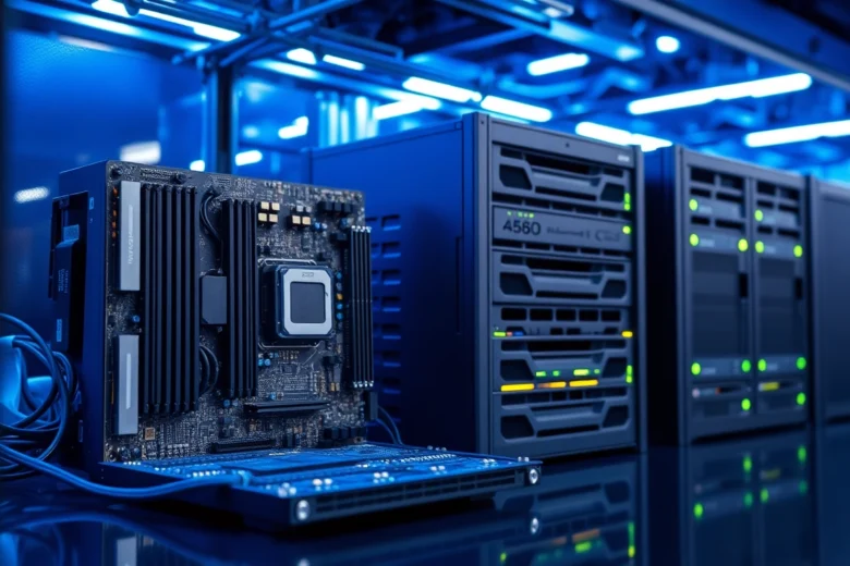 Detailed view of a componente server showing CPU, RAM, and storage modules in a professional