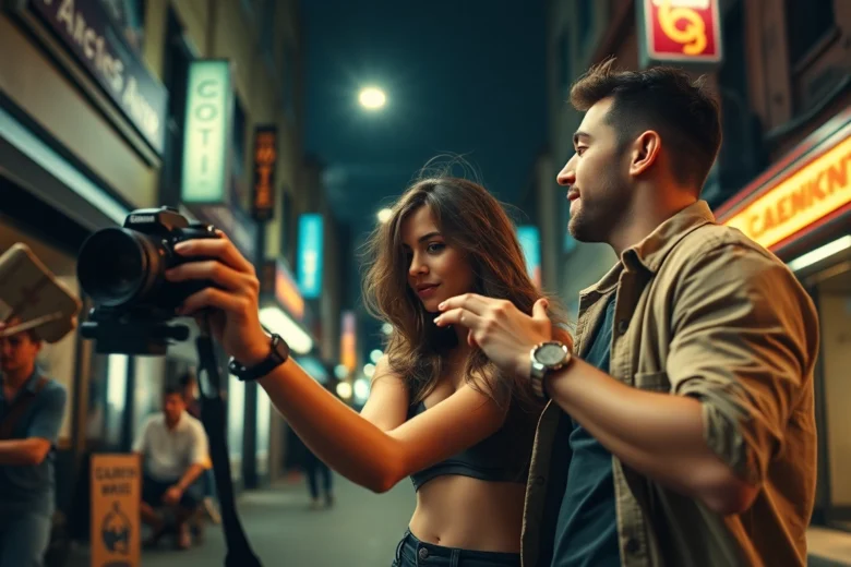 Sexy woman accepts sex za rychle prachy from camera-wielding man on busy street at night