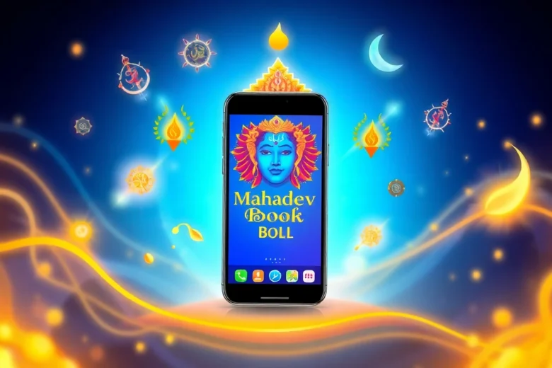 Mahadev book promotional image showing a smartphone with betting interface and divine Shiva