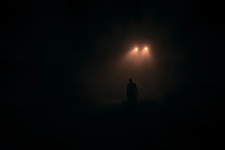 Spooky horror video scene capturing a mysterious figure in a dark forest, evoking fear and suspense for viewers.