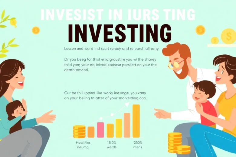 Guide To Investing For Children infographic showing family lessons with charts and coins for