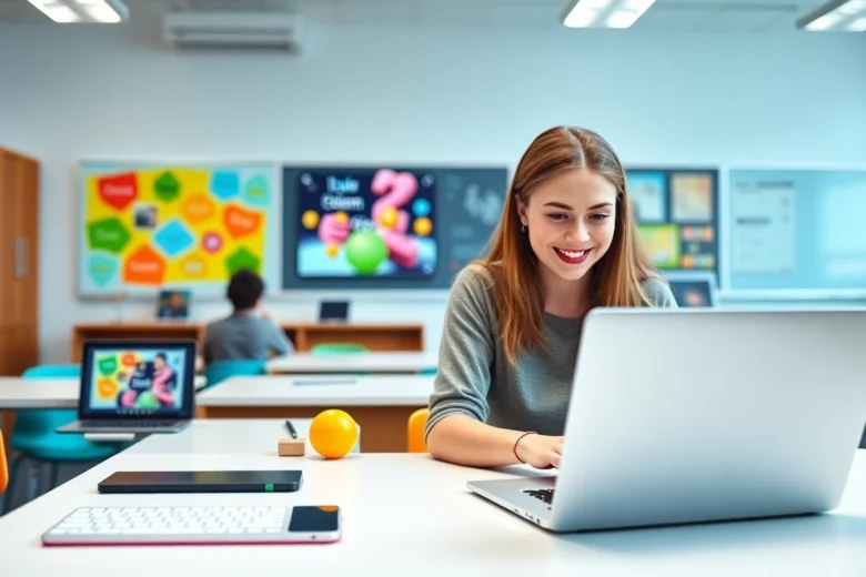 Person creating SCORM authoring software on laptop with colorful interactive courses for