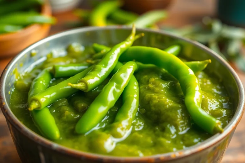 High-quality image of green chilli sauce made from fresh green chilies, showcasing its bright
