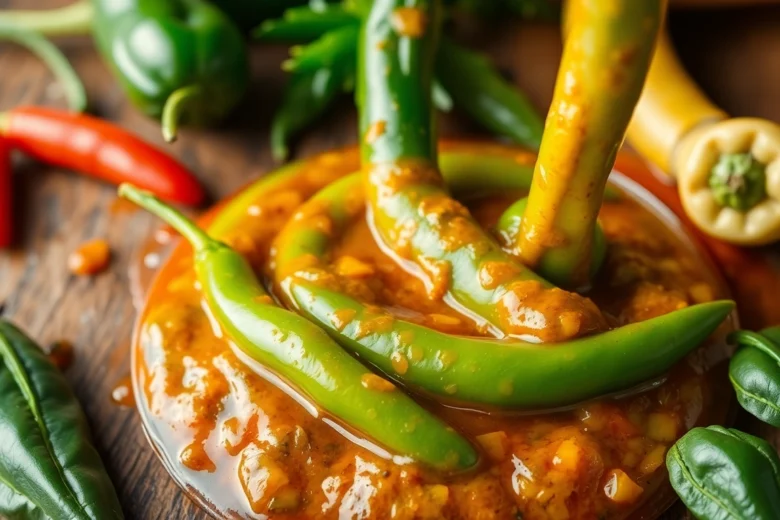 Green Chilli Sauce being prepared with fresh chilies and ingredients for authentic flavor