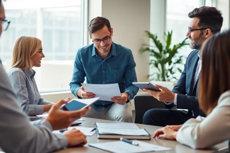 Canadian business team reviewing group health insurance plans to improve employee benefits