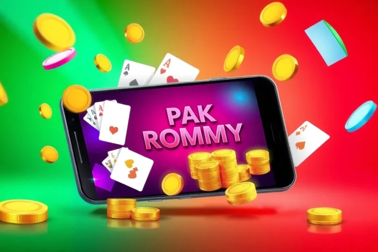 Promo for Pak rummy download apkpure showing a smartphone with game interface, coins, and cards